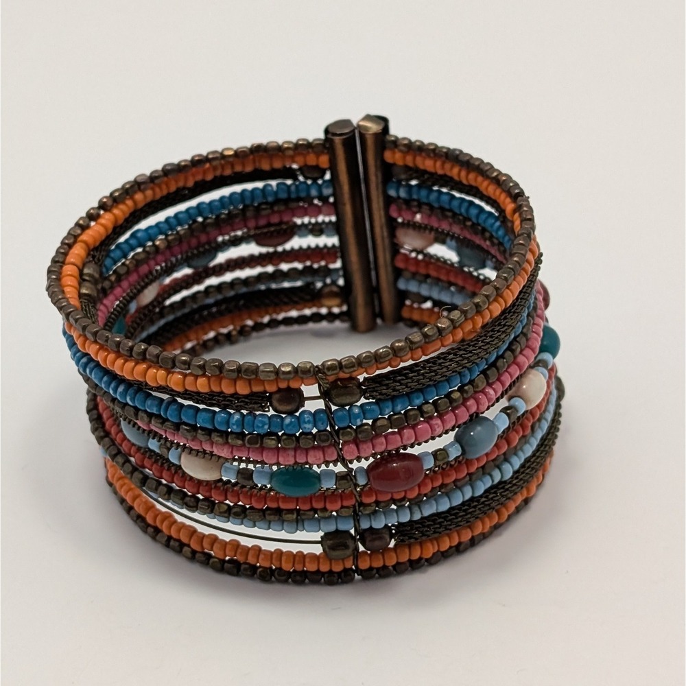 Vintage Beaded Cuff Bangle Orange Blue Brown Wire Stretch Bracelet Brass Tone